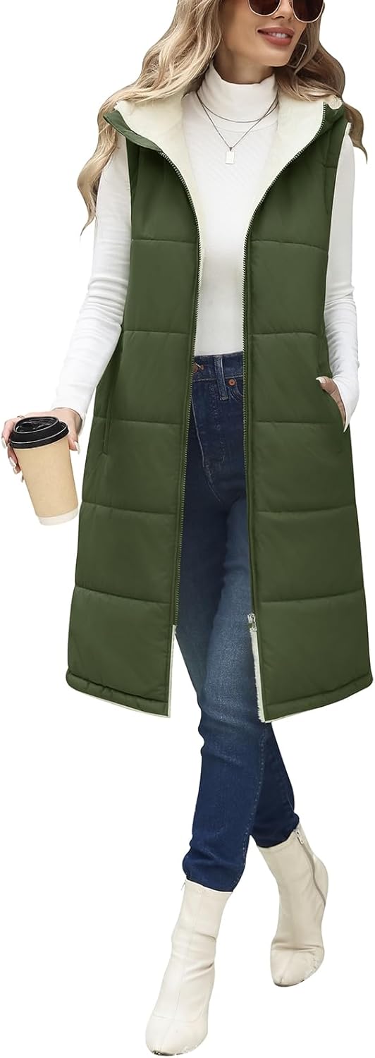 Womens Long Fleece Vest Sleeveless Zip Vest Sherpa Quilted Jacket Trendy Warm Fall Winter Coat Outerwear 2025
