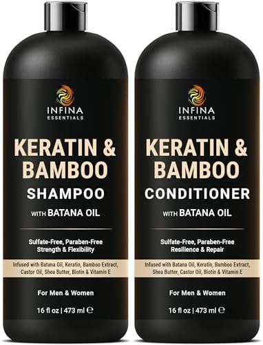 Keratin Shampoo and Conditioner Set for Dry & Damaged Hair, 16 fl oz Each | Batana & Castor Oil - Smoothing & Strengthening for Frizzy, Dry & Damaged Hair - INFINA ESSENTIALS