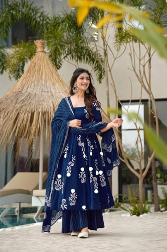 Image of ANNI Designer Women's Rayon Blend Anarkali Printed Kurta with Pant & Dupatta | Ethnic Kurta Pant Dupatta Set for Women | Traditional Indian Wear Outfit