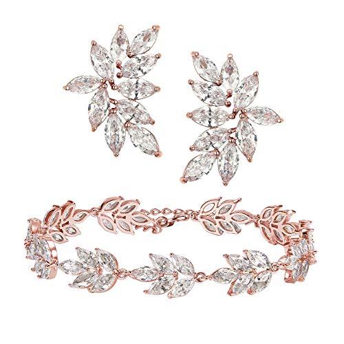 Image of SWEETV Rose Gold Marquise Bridal Wedding Earrings Bracelets Set for Brides Bridesmaid, Cubic Zirconia Rhinestone Cluster Earrings and Earrings for Women, Prom