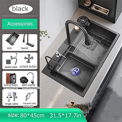 Black Nano Waterfall Sink With Glass Cup Washer For Drop In Work Station Kitchen Sink Farmhouse With Pull-Out Faucet Combo Stainless Steel Single Bowl Bar Utility Sink Undermount, 3 Sizes, 5 Colors ( #TOP1