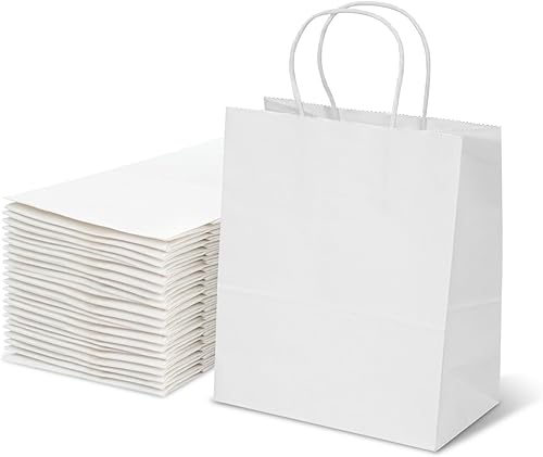 TOWRAP Bolsas de regalo blancas, 100 bolsas de papel de 9 x 5.9 x 9.84 pulgadas con asas a granel, bolsas de compras, bolsas de fiesta, bolsas de