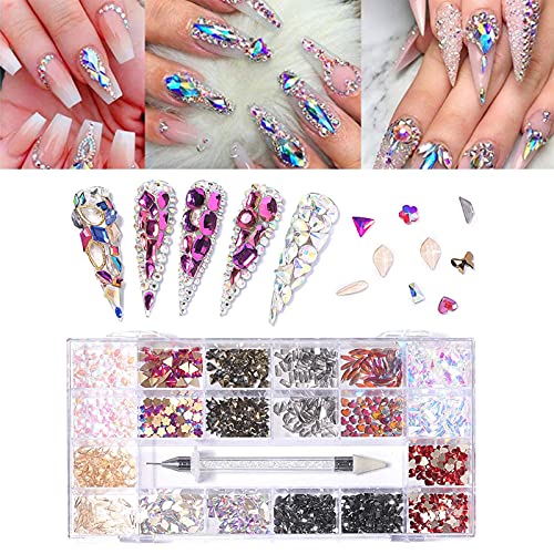 Botiniv 21 Grid Nail Art Strass-Set, Mix Size Kristalle Juwelen Flatback Nail Gems 600 Großer Diamant +2500 Kleiner… – Bild 5