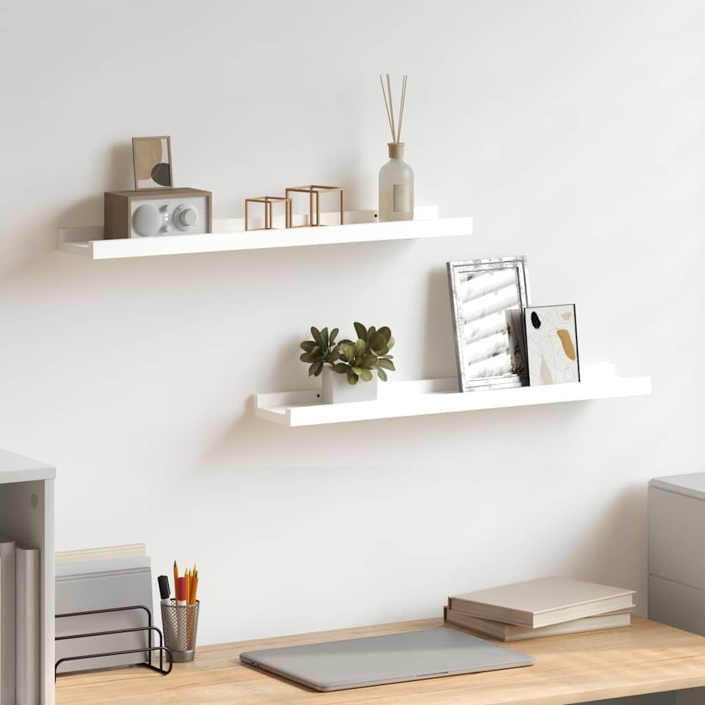 vidaXL Wall-Mounted Picture Frame Ledge Shelves - Set of 2, Space-Saving, White Lacquered MDF, Quick and Easy Installation, Unique Front Edge, Modern U-Shaped Design, 23.6"x3.5"x1.2"