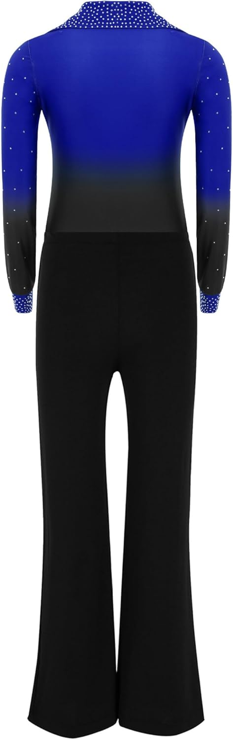 Linjinx Kids Boys Sparkly Rhinestone Skating Jumpsuit Ballroom Dance Unitard Gymnastics Leotard with Flared Pants Set