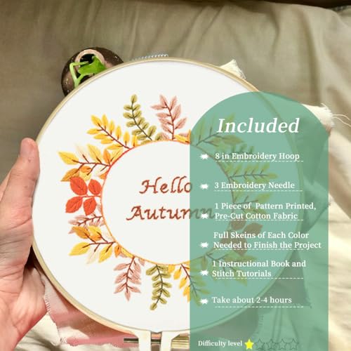 Image of FONNUY Embroidery Kit for Beginners，Plants Flowers Pre-Stamped Pattern Kits for Adults with Hoop (Hello Autumn)