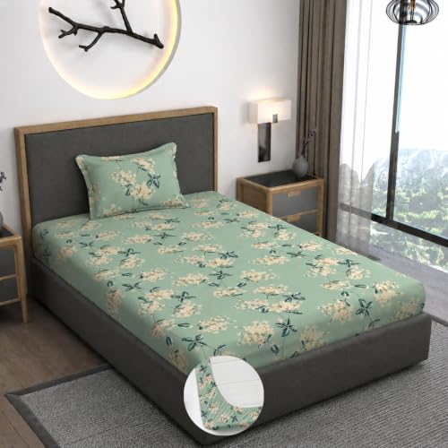 Image of Vaini Premium Heavy Cotton Elastic Fitted Bedsheets with 1 King Size Pillow Covers || Single Bed with All Around Elastic 350 TC || 36 x 78 x 6 Inch Single Size Fitted || :- Pista Green