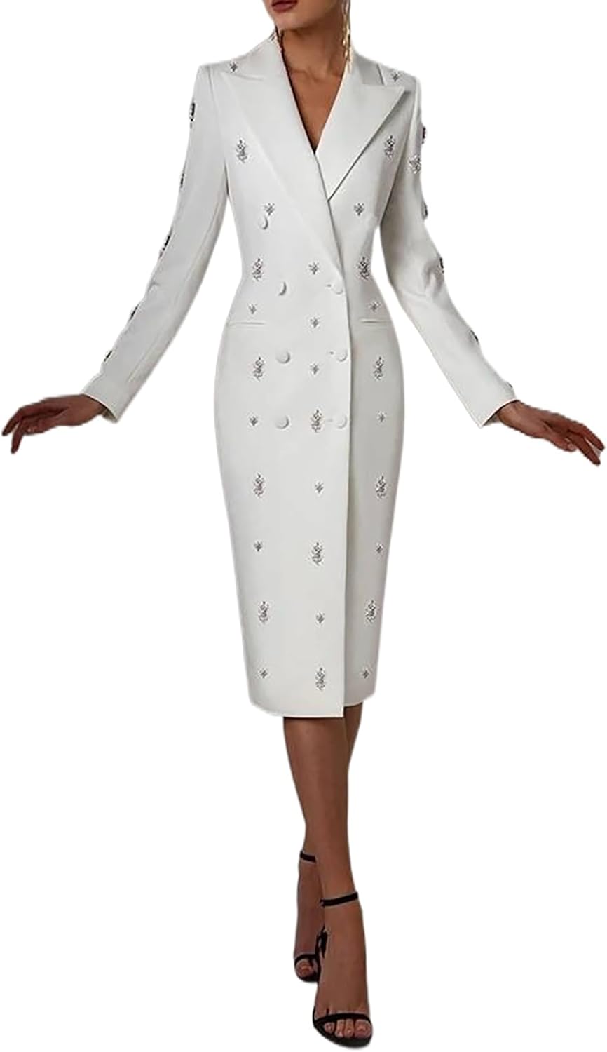 Women's Suit Blazer Crystal Beading Double Breasted Peaked Lapel Long Jacket Ladies Prom Evening Guest Formal Wedding