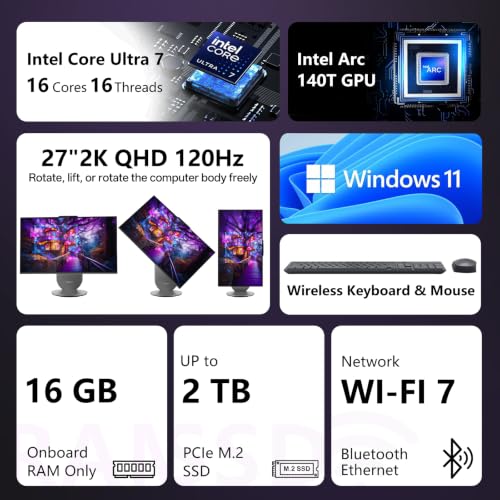 Image of Lenovo Yoga All in one Desktop Computer AI PC, Ultra 7 255H, Intel Arc 140T | 27 inch 2K QHD IPS Display, 16GB LPDDR5X RAM, 1TB SSD, Copilot+, WiFi 7, Wireless keyboard & Mouse, Win11 Home,w /64GB USB,Grey