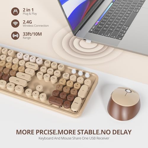 Image of Owpkeenthy Brown Keyboard and Mouse Wireless, Cute Colorful Typewriter Keyboard Full-Sized with Number Pad Round Keycaps for Desktop, Laptop and Computer(Gradient Brown)