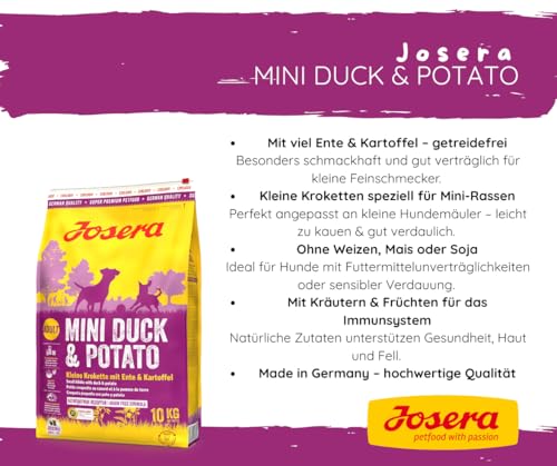 Josera - Hundefutter - Josera Exclusive MiniDuck & Potato - Getreidefreies Hundefutter mit Ente & Kartoffel - Trockenfutter 10 KG + Goodie Quietsche Seppl