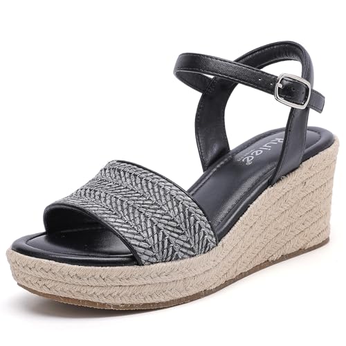 Wide Width Wedges Sandals for Women, Summer Platform Wedge Heels Wide Feet Braided Ankle Strap Women Summer Wedge Beach Sandals. 8.5 X-Wide Black 1103