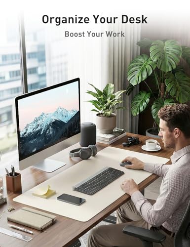 Image of Aothia Faux Leather Desk Mat - Non-Slip PU Leather Desk Blotter, Waterproof Writing Surface, Large Desk Pad for Office & Home (Off-White, 55 inch x 17 inch)