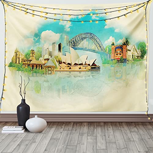 ABAKUHAUS Australien Wandteppich & Tagesdecke, Stadtansicht Sydney, aus Weiches Mikrofaser Stoff Wand Dekoration Für Schlafzimmer, 230 x 140 cm, Sahne & Multicolor