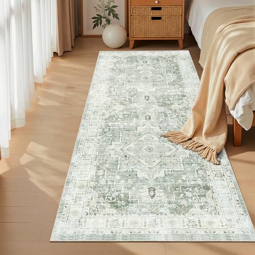 Madane Washable Runner Rug - 2x6 Rug Runners for Hallways 6 Foot Non Slip Vintage Kitchen Runner Rug Ultra-Thin Bathroom Runner Rugs Carpet Laundry Room Bedroom (2x6ft, Green/Ivory)