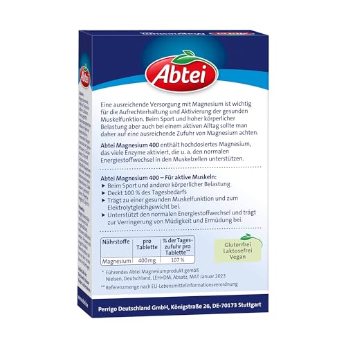 Abtei Magnesium 400 - hochdosiertes Magnesium für aktive Muskeln - bei Sport und körperlicher Belastung - Deckt 100% des Tagesbedarfs - Vegan, glutenfrei, laktosefrei - 1 x 30 Tabletten