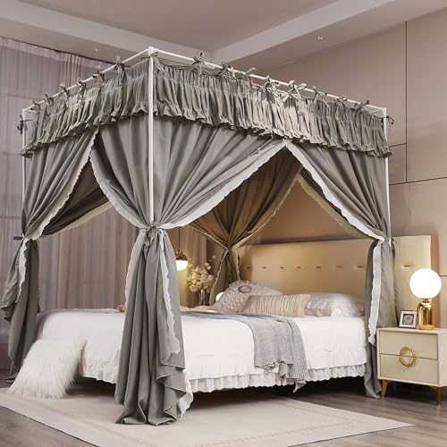Toldo de cama con volantes elegante dosel gris ajustable para decoracion de dormitorio 6