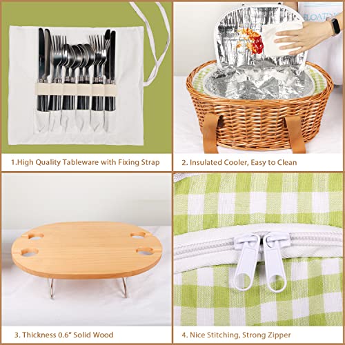 Hap Tim Wicker Picnic Basket Set For 4 With Mini Folding Wine Picnic Table & Large Insulated Cooler Bag & Cutlery Service Kits For 4 Person, Couples Gifts, Wedding Gifts (Y2209-4-Gr) #TOP3