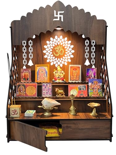 Image of STEPn'SPACE Wooden Temple For Home Big Size Mandir With LED Light & Step Wall Hanging Puja Mandir For Home Temple For Office Pooja Stand For Home & Office Temple With Storage For Shop XL-D28Xw43Xh55Cm