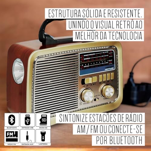 Rádio Vintage Caixa de Som Retrô Am/Fm, Sw, Usb, Pen Drive, Aux, P2, Bluetooth, Leitor de Cartão de