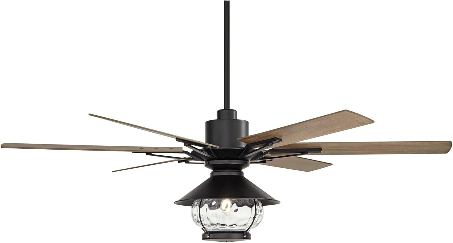 Casa Vieja 60" Expedition Modern Outdoor Ceiling Fan with LED Light Remote Control Matte Black Oak Wood Lantern Shade Damp Rated for Patio Exterior House Home Porch Gazebo Garage Barn