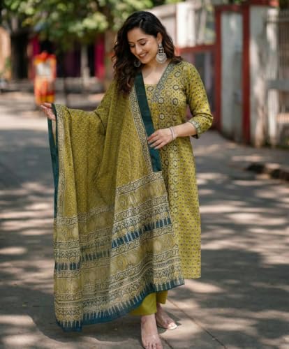 Image of ANNI Designer Women's Viscose Printed A-Line Kurta Set with Pant and Dupatta | Green Ethnic Wear | V-Neck | 3 /4 Sleeve Indian Traditional Outfit for Women
