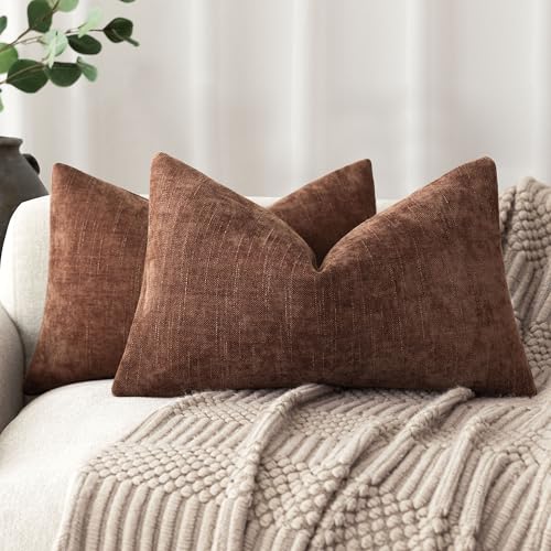 Image of Foindtower Pack of 2 Textured Chenille Throw Decorative Pillow Covers Square Accent Solid Cushion Cover Neutral Farmhouse Lumbar Pillow Case for Couch Sofa Bedroom Living Room 12x20 Inch,Red Taupe