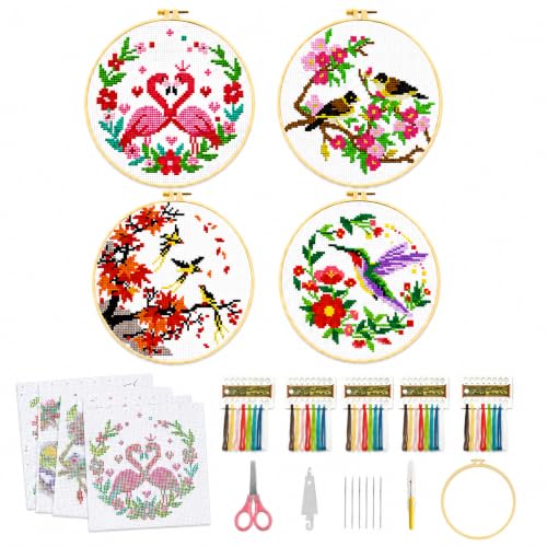 Image of Zhenqing 4 Bird Circle Cross Stitch Kit 11CT Pre-Printed Floral Bird Embroidery Kit with 20cm Hoop, Flamingo Hummingbird Songbirds DIY Beginner Craft Home Wall Decor Gift