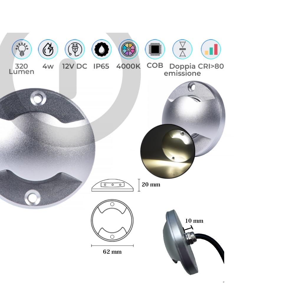 Partenopea® Kit di 10 faretti LED segnapasso calpestabili 4w radenti da esterno e interni impermeabili IP65 Silver 12V luce bianca naturale per viali giardino scale (Biemissione, Silver)