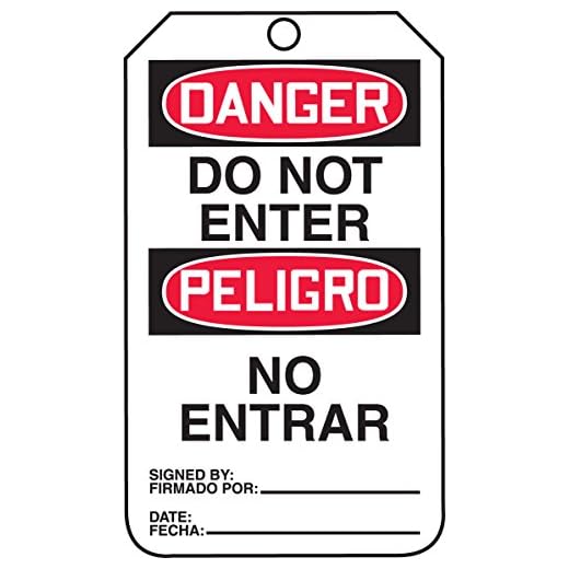 Accuform TMS111CTP PF-Cardstock Bilingual Spanish Safety Tag, Legend "Danger DO NOT Enter", 5.75" Length x 3.25" Width x 0.010" Thickness, Red/Black on White (Pack of 25)