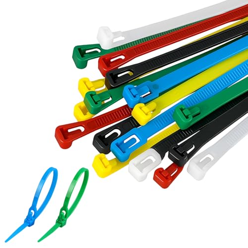100 Pcs Reusable Cable Ties 150mm x 4mm Heavy Duty Colored Snap-on Nylon Cable Ties 6 Colors Tie Wraps for Home Garden Workshop Office Black White Red Yellow Blue Green
