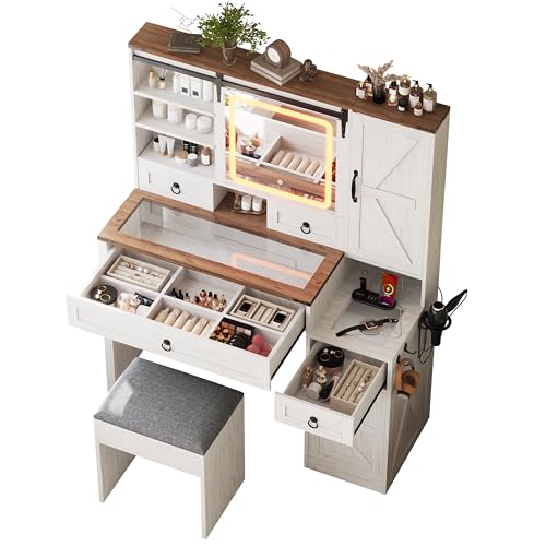 Image of JIVOIT Farmhouse Vanity Desk with Sliding Mirror, Vanity Set with Stool, Dressing Table with 4 Drawers and 2 Cabinets, Glass Top, Side Hooks & Cup Holder, Easy Assembly (White,37)