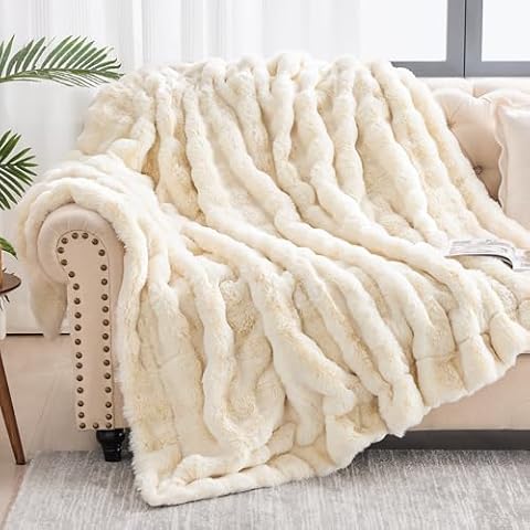 Nord ECO Faux Fur Throw Blanket, Soft Fluffy Bubble Blanket, Cozy Plush Faux Rabbit Fur Blanket for Couch Sofa Bed, Thick Warm Fuzzy Home Decorative Blanket, Gifts for Women, 50x60 Inches, Cream White Cover