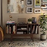 FFBCFDK Vinyl Record Holder, Large Record Player Table Holds Up to 450 Albums, Solid Wood Legs Record Stand for Music Room, Media Shelf Cabinet, Wooden Stereo Cabinet for Living Room, Bedroom, Walnut