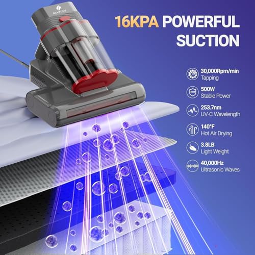 Image of SKYTONE Bed Vacuum Cleaner, Cyclonic Technology for Dust Collection, UV Light Sterilization, HEPA to Capture 99.99% Dust | 4M Long Cord | 600W |16kPa Suction Power, Suitable for Bed, Sofa (Large)