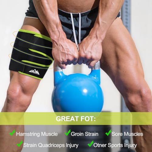 Image of supregear Thigh Wraps Support, Adjustable Compression Neoprene Thigh Sleeve Hamstring Quad Wrap Upper Leg Brace for Women Men Pulled Groin Muscle, Quadriceps, Black + Grass Green, XL