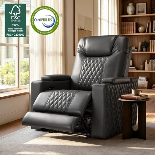 Image of MCombo Oversized Power Recliner Chair with Adjustable Headrest & LED Light for Adults, Zero Gravity Recliner with USB & Type C Ports, Cup Holders for Living Room & Home Theater, Faux Leather HTS401