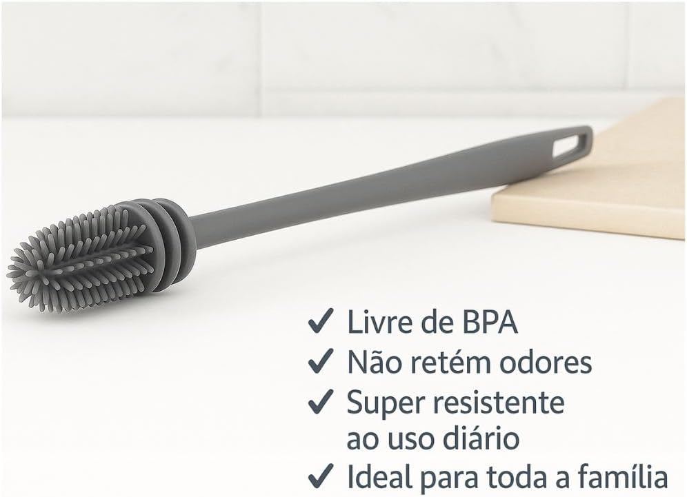Kit 2 Escovas de Silicone para Limpeza de Garrafas Mamadeiras Copos Taças Cinza ou Branco (2)