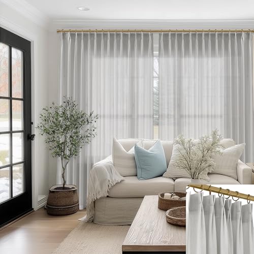 SHINELAND Grey Pinch Pleated Sheer Curtains for Living Room, Linen Textured Light Gray Drapes 84 Inches Long