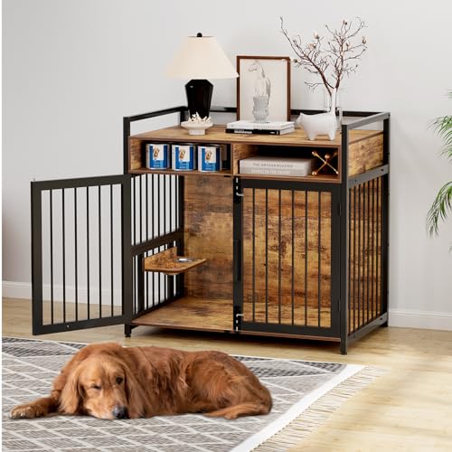 Hundekäfig Möbel, 123 x 76 x 110cm Hundebox Zuhause mit 2 Türen 2 Schubladen 1 Arbeitsplatte, Hundegitter mit Schwenkbaren Hundenäpfe, Hundehütte, Dekorative Haustierkiste für den Innenbereich