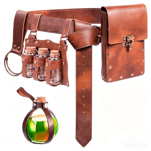 Renaissance Belt Pouch Coin Purse Witch Alchemist Potion Bottle Vilas Hook Set Medieval Festival Costume Accessories (Bottle Vails-Brown)