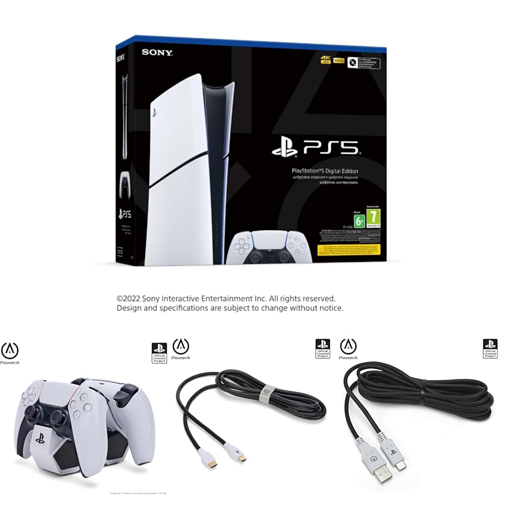 Sony PlayStation®5 Digital Edition (slim) Console & PowerA Twin Charging Station for PS5 Wireless Controllers, Hdmi Cable For Ps5 Dualsense Controllers & USB-C Charging Cable for PlayStation 5