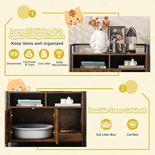 COSTWAY Cat Litter Box Enclosure, Wooden Kitty Hidden Washroom Toilet with Storage Compartments and Scratching Board, Indoor Cats House Side Table Nightstand
