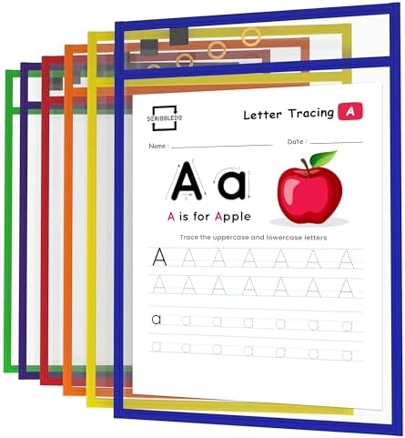 Scribbledo Reusable Dry Erase Sleeves, 6 Pack with Marker Holder,...