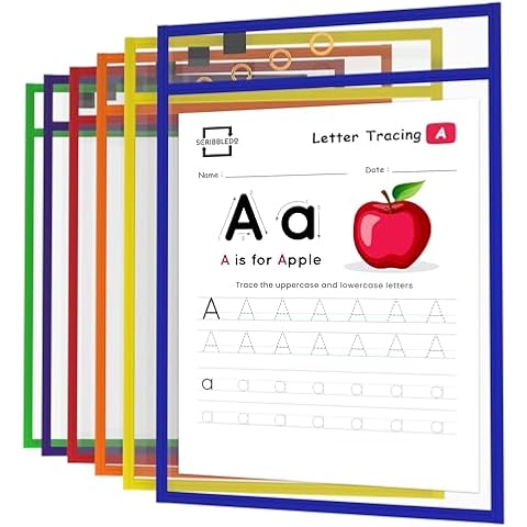 Scribbledo Dry Erase Pockets, 6 Pack Reusable Dry Erase Sleeves with Marker Holder, Colorful Dry Erase Pocket Sleeves for School or Work, Assorted Colors Sheet Protectors and Ticket Holders Cover