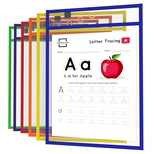 Scribbledo Reusable Dry Erase Sleeves, 6 Pack with Marker Holder,...