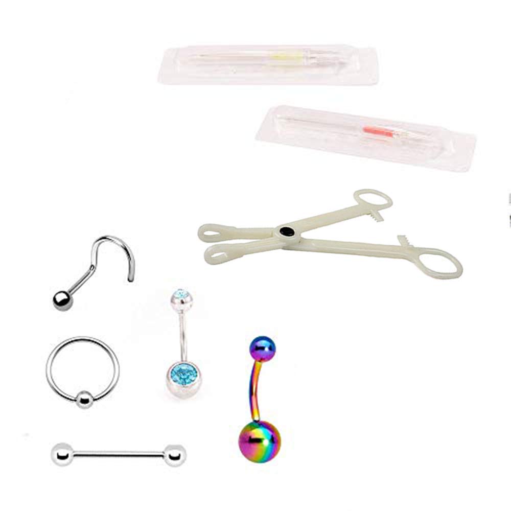 LIONGOTHIC Luxe Modz Body Piercing kit, Includes 8 PCS (5 Body Jewelry Pieces, Clamps, Needles), Surgical Steel, Disposable, Hypoallergenic Supplies, Autoclave Safe