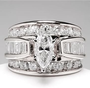 18K White Gold Plated Luxury Marquise Cut Cubic Zirconia CZ Shiny Full Diamond Multi Row Eternity Engagement Wedding Band Promise Ring for Women ST.526 US Code 8