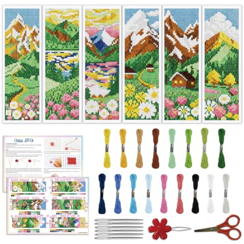 Image of ACRNIGHEET 6PCS Cross Stitch Bookmark Kit for Beginner Stamped Cross Stitch Kits for Adults Mountain Fields DIY Embroidery Bookmark Kits Needlepoint Kit with Instructions Craft Gift 8.5''x3'' 11CT