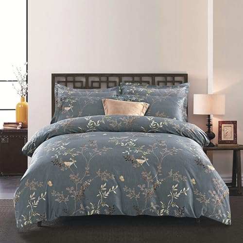 Image of Wake In Cloud - Floral Comforter Set, Birds Flowers Leaves and Branches Pattern Printed for Men Women, Soft Lightweight Bedding, 3 Pieces, Dark Gray, King Size